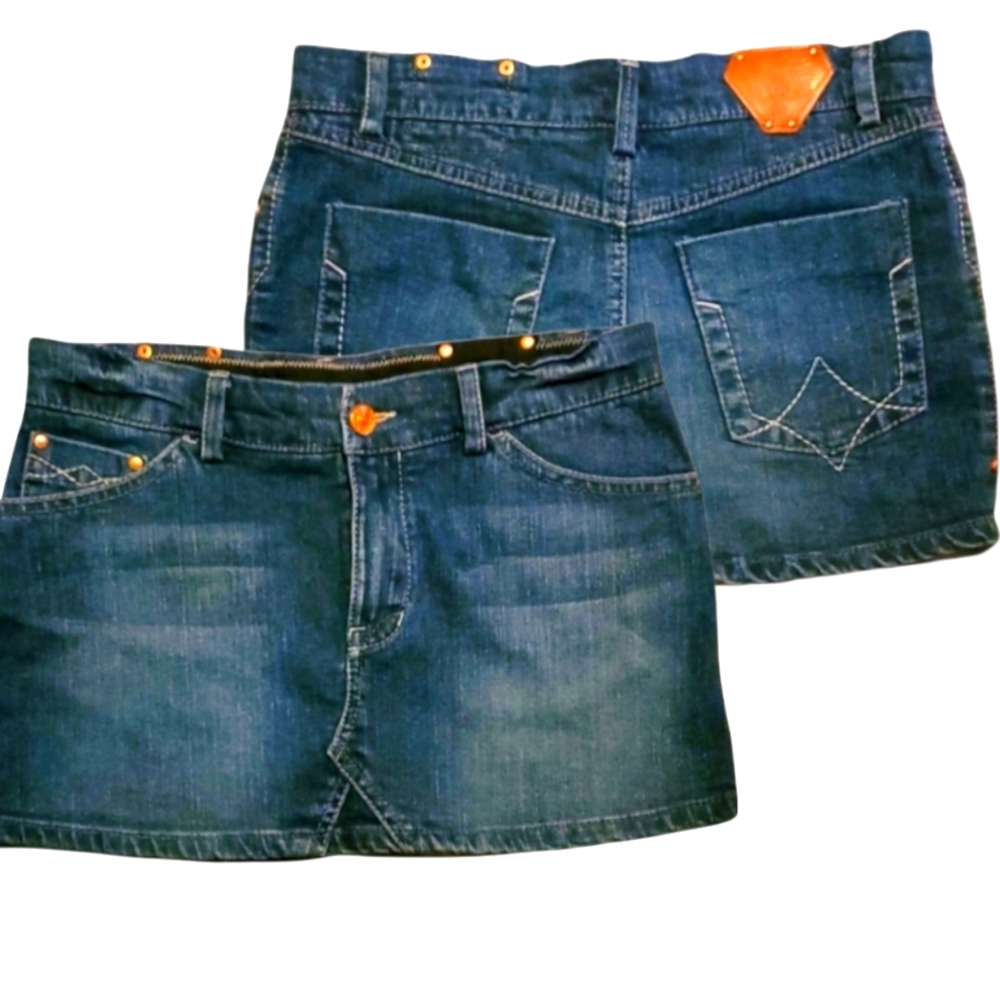 🔥Marc Ecko, Trillion a Sentiment Dark Denim Mini Skirt, Size 7, 12" long